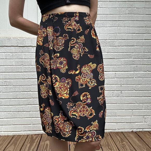 Vintage 80's Gold Hardware Printed Black Skirt - Picture 1 of 5